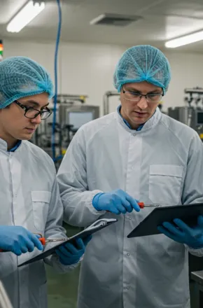 Twee procesoperators voeren samen technische controles uit op een voedingsproductielijn, met tablet en checklist in een hygiënische productieomgeving.