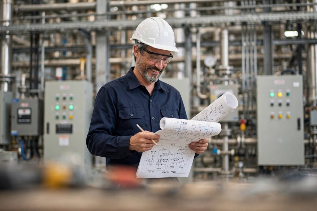E&I engineer bestudeert een P&ID-schema en technische installatietekening in een industriële omgeving.