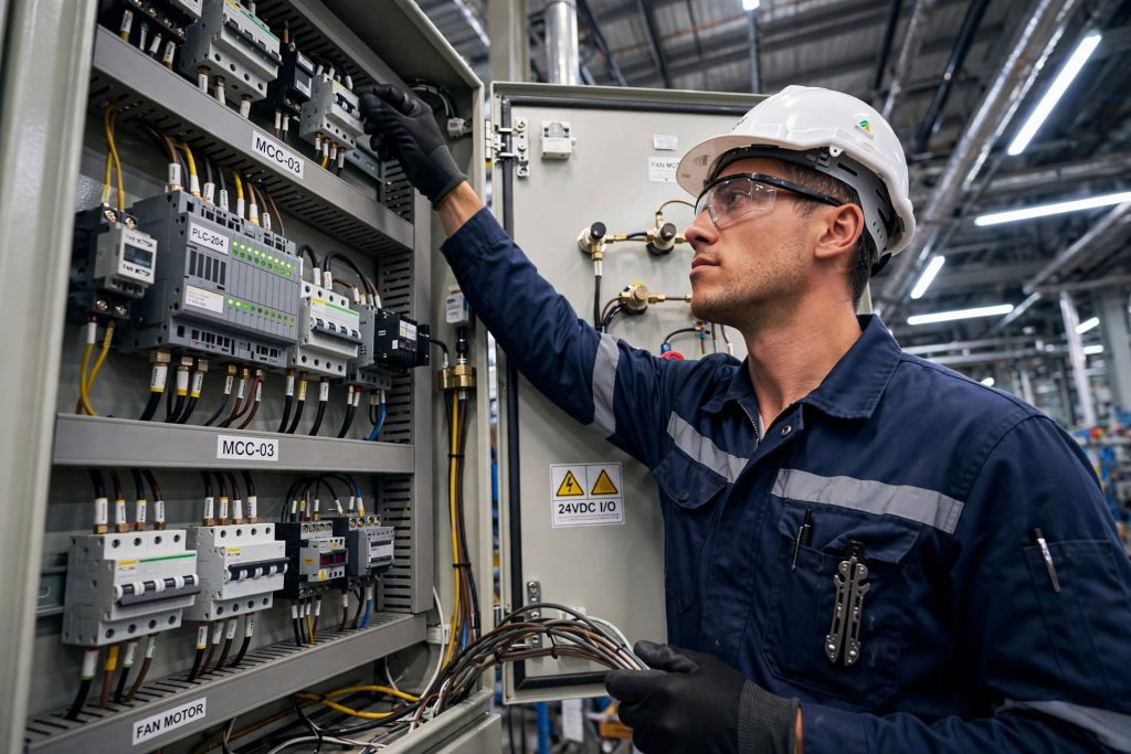 Maintenance engineer voert inspectie- en onderhoudswerkzaamheden uit aan een elektrisch besturingspaneel.