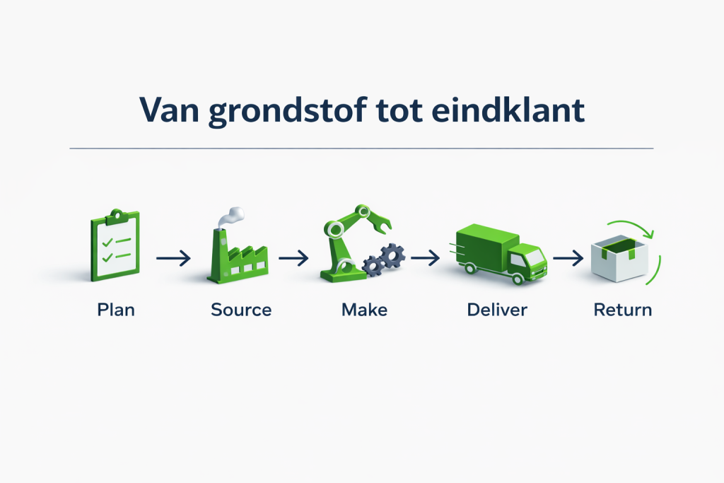 Infographic van het SCOR-model met de vijf supply chain processen Plan, Source, Make, Deliver en Return in de huisstijl van Morgan Green.
