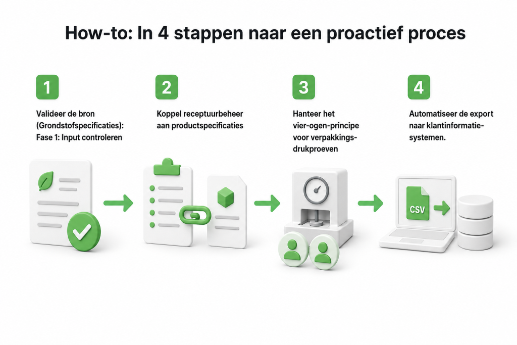 Infographic specificatiebeheer in de voedingsindustrie: grondstofspecificaties valideren, receptuur koppelen, vier-ogen-principe en automatische export naar klantinformatiesystemen