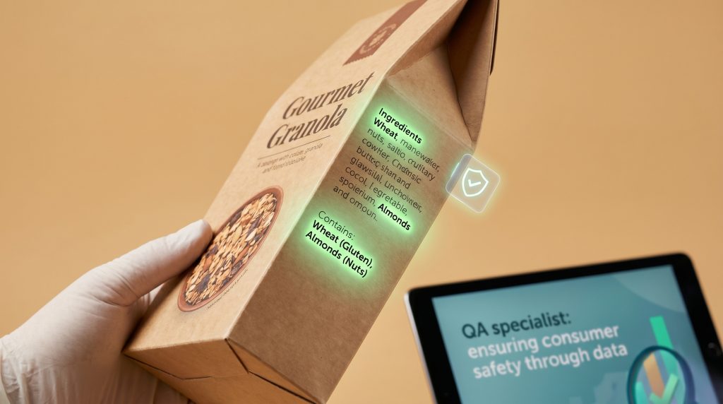 Close-up van een verpakt voedingsproduct met oplichtende allergenen op de ingrediëntenlijst voor digitaal specificatiebeheer binnen QA.
