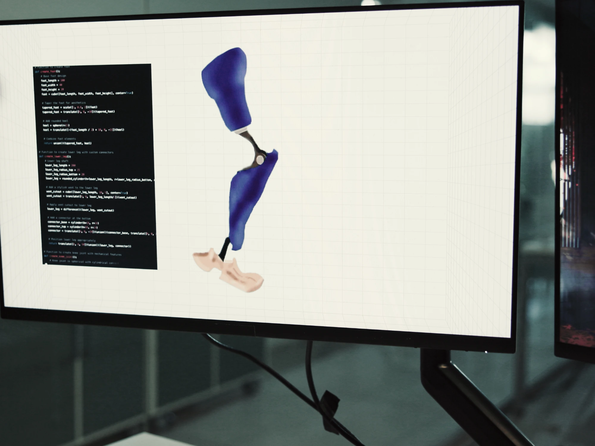 Gedetailleerd 3D-ontwerp van een medische prothese en technische code op een groot scherm, passend bij mechanical, electrical en mechatronics engineering in de medtech-sector.