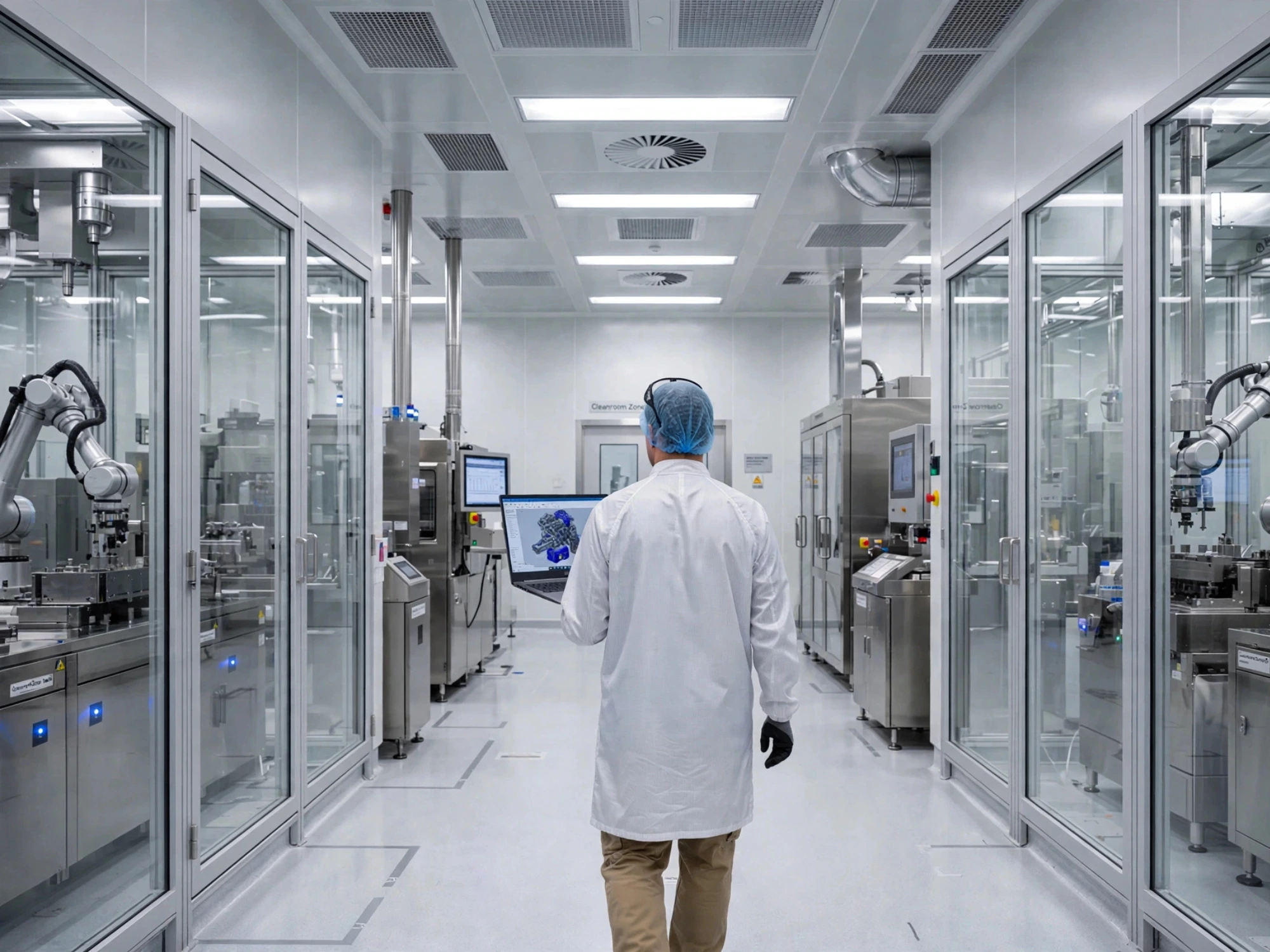 Overzicht van een hightech cleanroom productielijn met geautomatiseerde machines en robotarmen. Een technicus in labjas loopt door de hal en houdt een laptop vast voor inspectie en kwaliteitscontrole