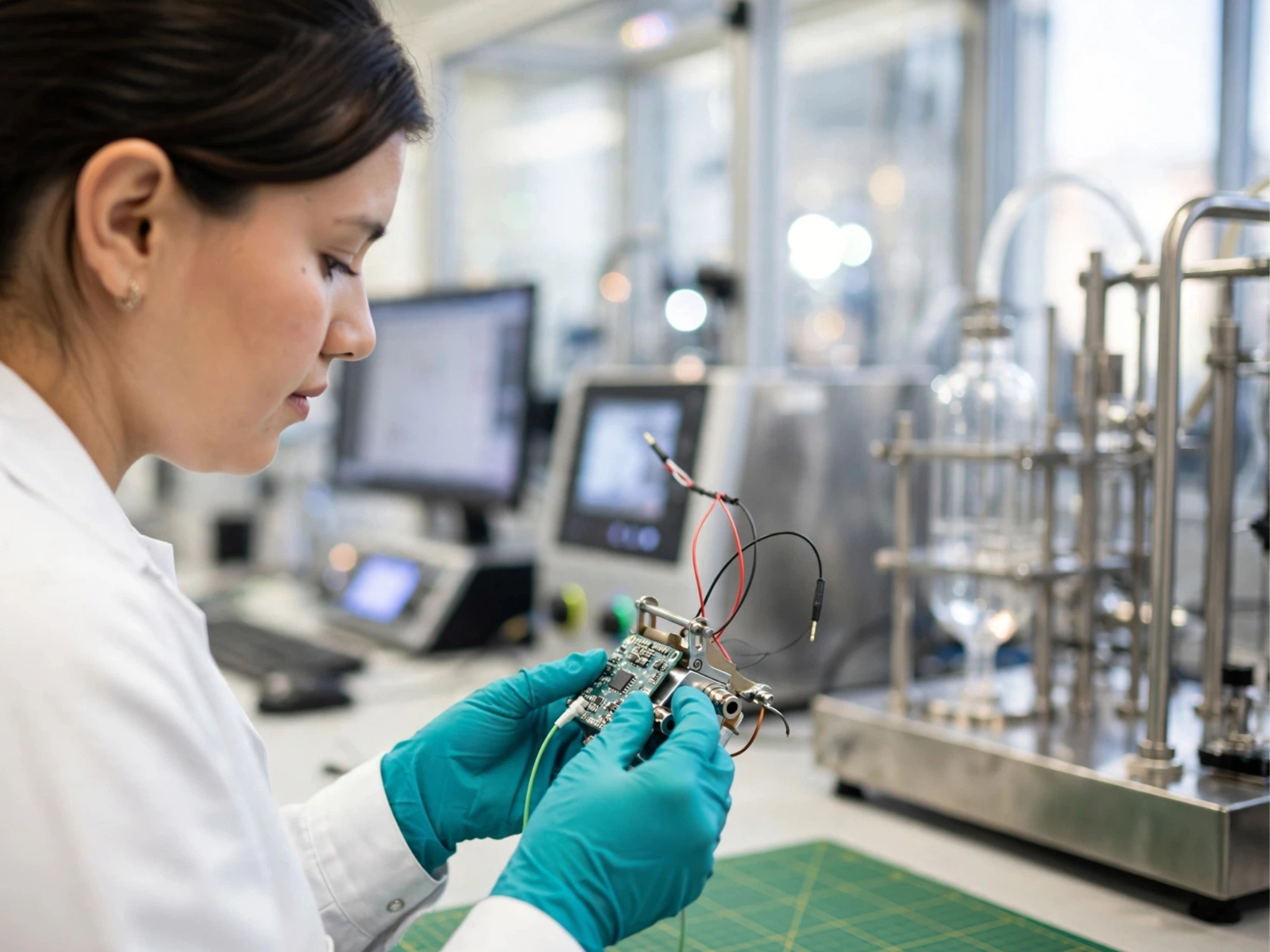 Close-up van een onderzoeker in een laboratoriumjas, die met blauwe handschoenen een geavanceerde elektronische printplaat met bedrading vasthoudt en inspecteert.
