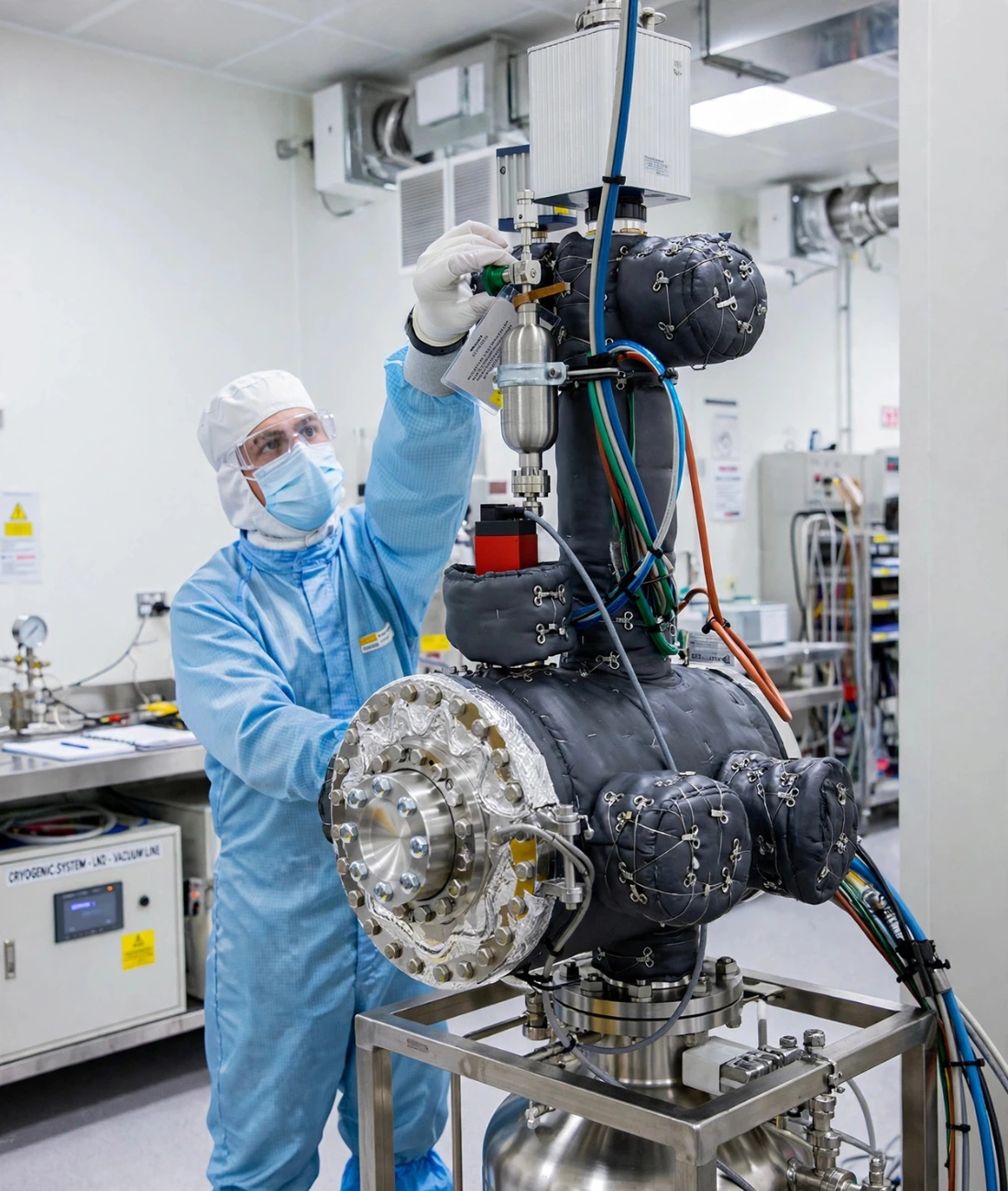Technicus in volledige cleanroom-uitrusting werkt aan een complex cryogeen instrumentsysteem in een hightech onderzoekslaboratorium. Hij past een klep aan op het geïsoleerde apparaat, omgeven door slangen. Sector: Hightech-industrie