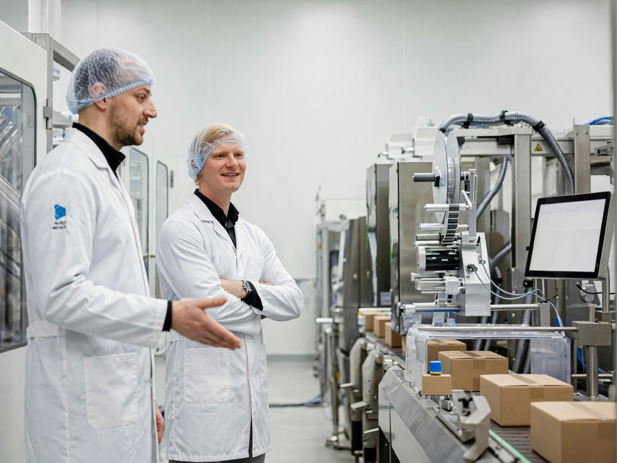Twee mannen in witte jassen en haarnetjes praten bij een lopende band met kartonnen dozen in een productieruimte in een pharma omgeving