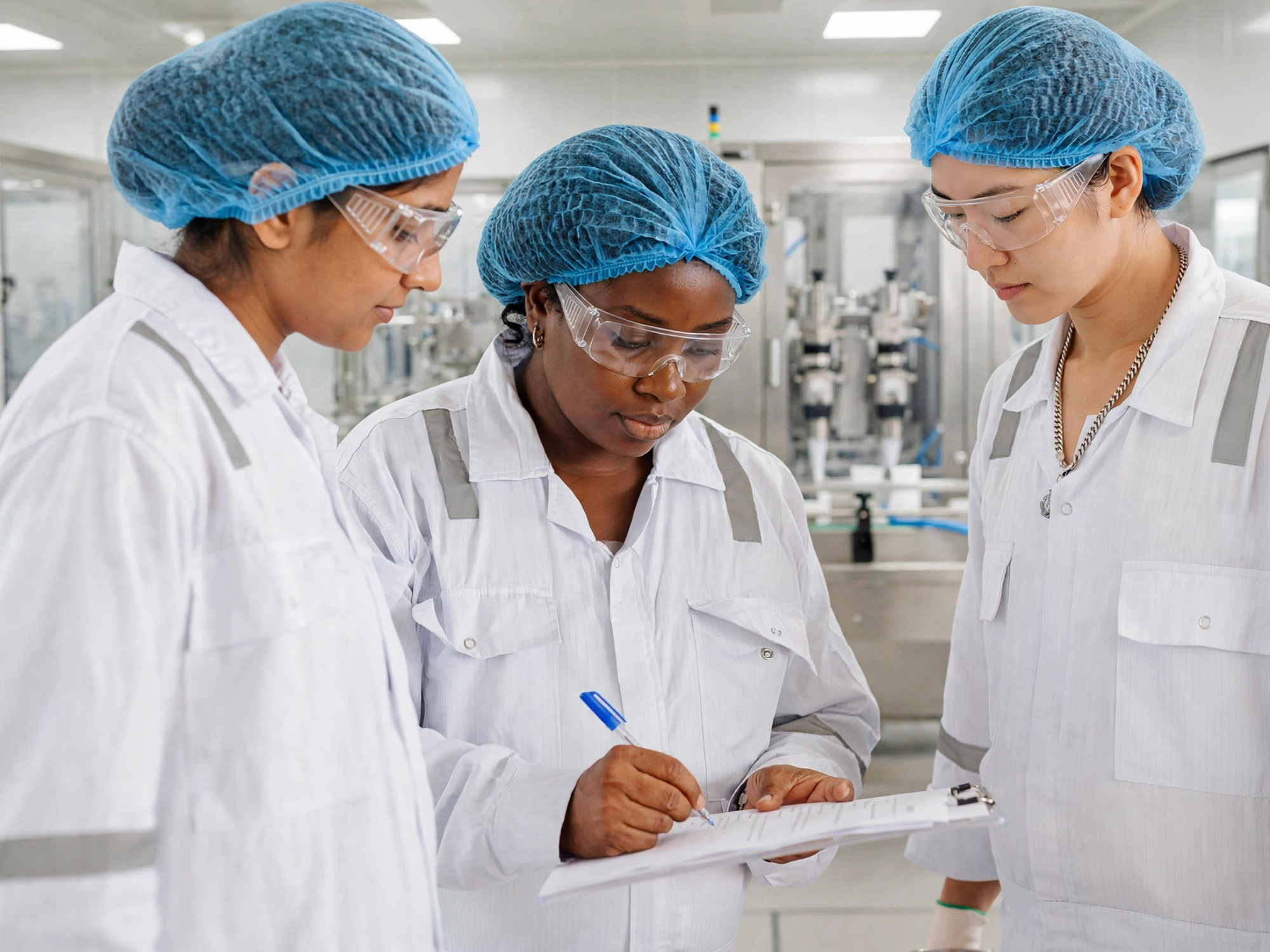 Drie vrouwen in witte jassen, haarnetjes en veiligheidsbrillen staan in een laboratorium of fabriek in de farmaceutische industrie terwijl de middelste vrouw op een klembord schrijft.