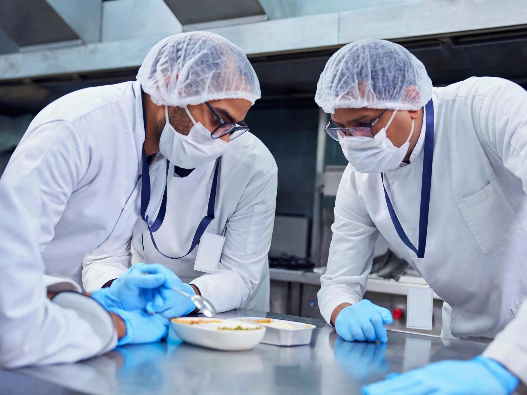 Twee medewerkers voeren een kwaliteitscontrole (Quality) uit op een maaltijd op een roestvrijstalen werktafel, gekleed in hygiënische beschermkleding met haarnetjes, mondkapjes en handschoenen. Sector: Voedingsmiddelenindustrie (Quality & Compliance).