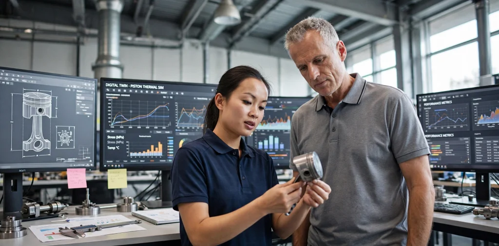 Twee engineers analyseren een mechanisch onderdeel voor schermen met digital twin-simulaties en CAD-ontwerpen voor de engineering trends van 2026-2027.