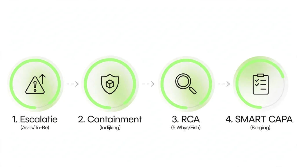 Stappenplan voor een GxP-conform afwijkingsrapport: 1. Escalatie, 2. Containment (Indijking), 3. RCA (Root Cause Analysis) en 4. SMART CAPA.