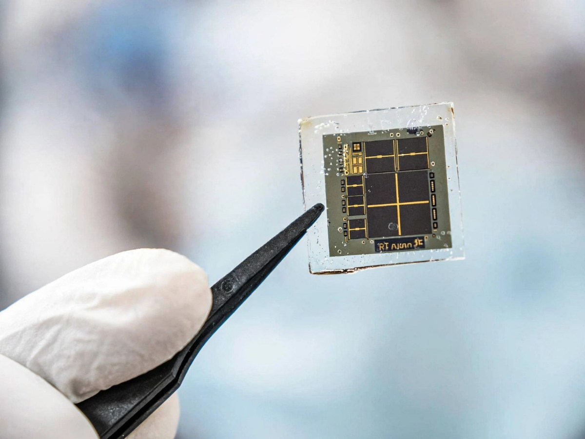 Ingenieur met beschermende handschoen houdt een geavanceerde microchip vast met een pincet tijdens hightech productontwikkeling.