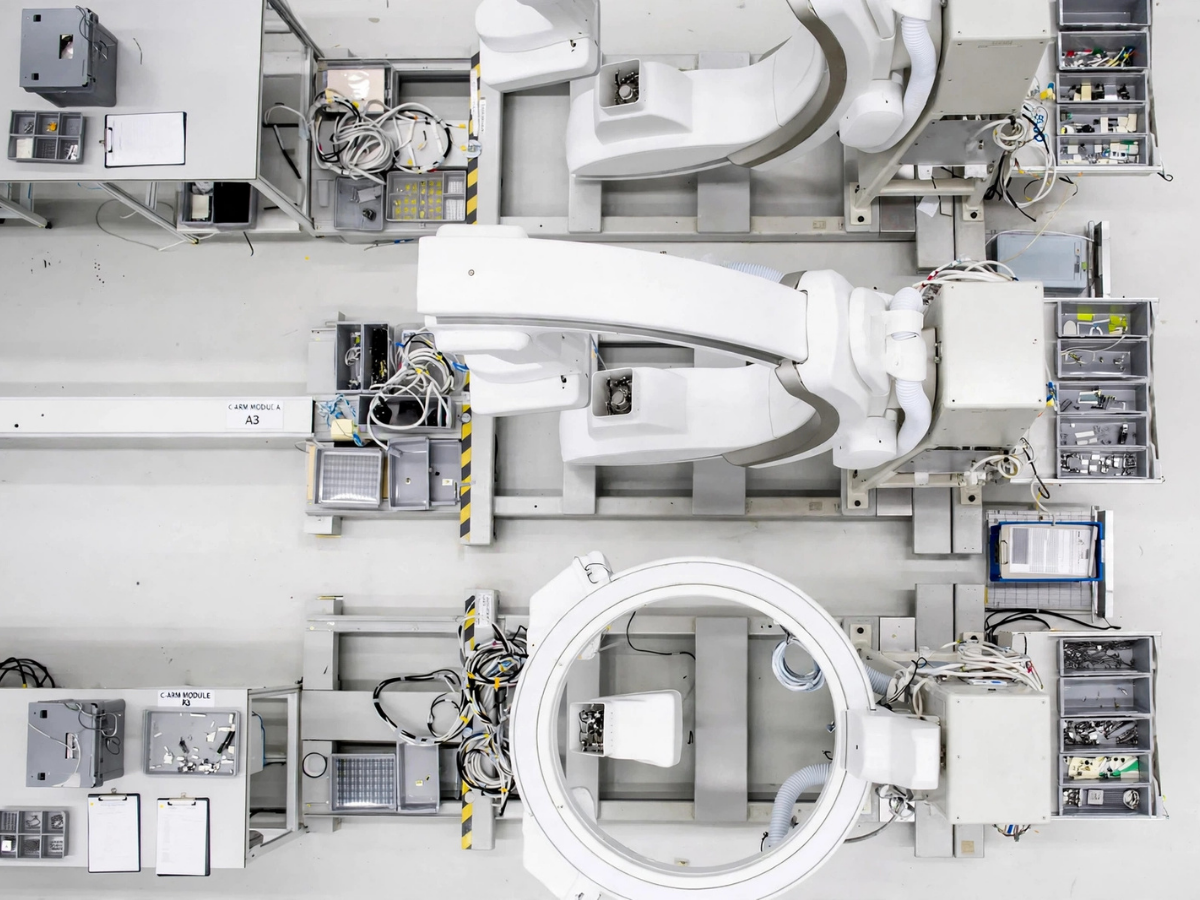 Bovenaanzicht van een georganiseerde assemblagehal voor medische apparatuur en C-boog systemen in de medtech supply chain.