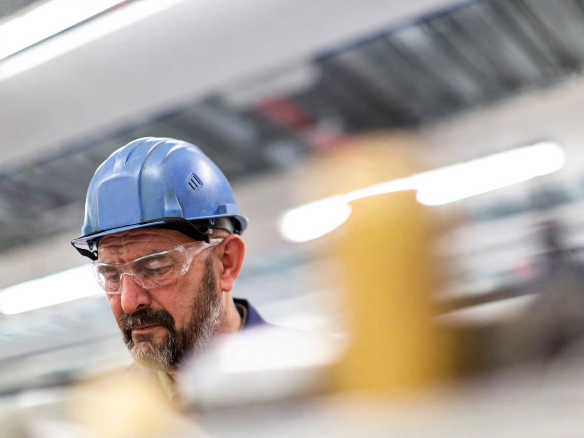 Portret van een ervaren technicus met een baard, blauwe veiligheidshelm en veiligheidsbril die aandachtig naar beneden kijkt in een industriële omgeving.