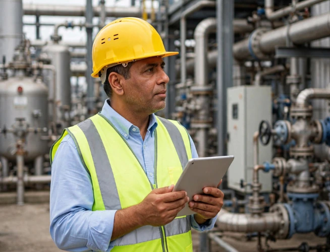 Een QHSE Manager met gele veiligheidshelm en reflecterend hijsvest voert een audit uit bij een industriële leiding- en installatiestructuur in de procesindustrie.