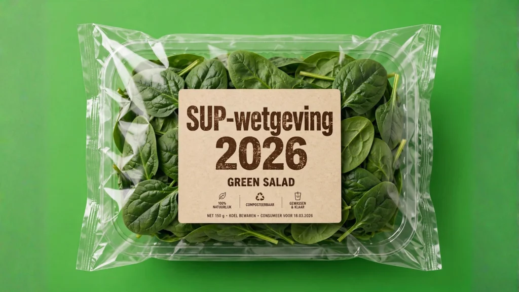 Verpakking met verse spinazie op een groene achtergrond, voorzien van een bruin kraftpapier label met de tekst: 'SUP-wetgeving 2026 GREEN SALAD', '100% NATUURLIJK', 'COMPOSTEERBAAR' en 'GEWASSEN & KLAAR'.
