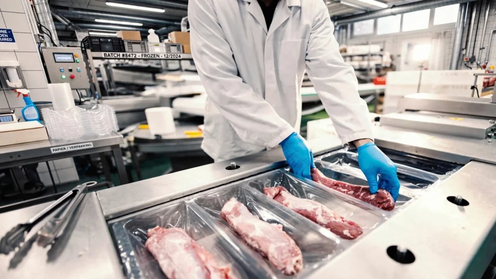 Productiemedewerker in hygiënische kleding verpakt vers vlees aan een industriële verpakkingslijn volgens HACCP-richtlijnen.
