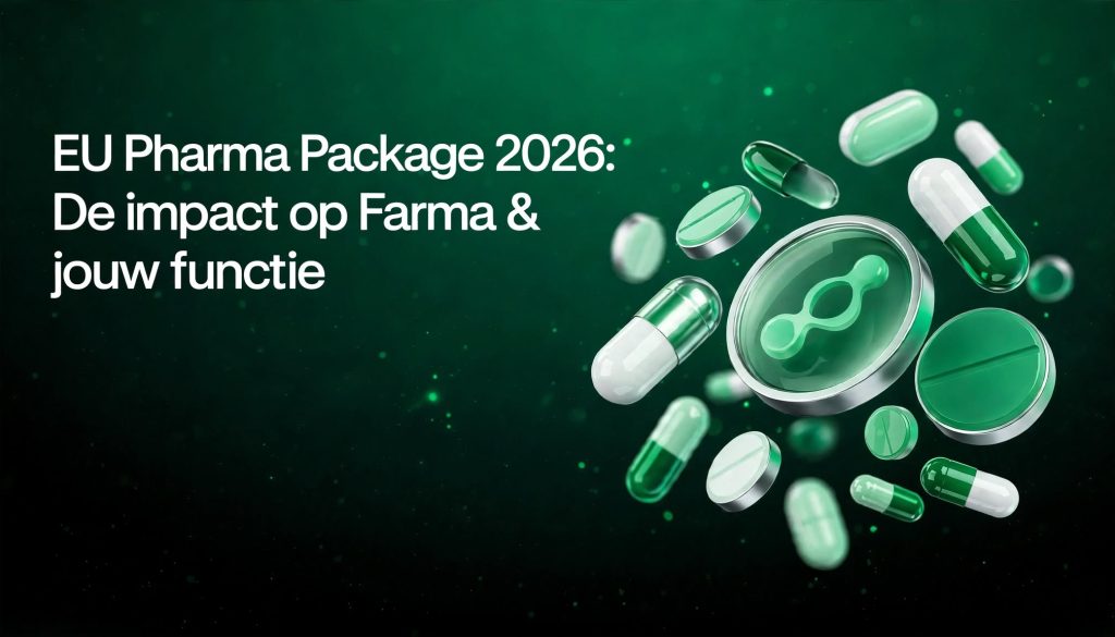 Blogafbeelding voor Morgan Green met de tekst "EU Pharma Package 2026: De impact op Farma & jouw functie" en groene farmaceutische capsules en pillen