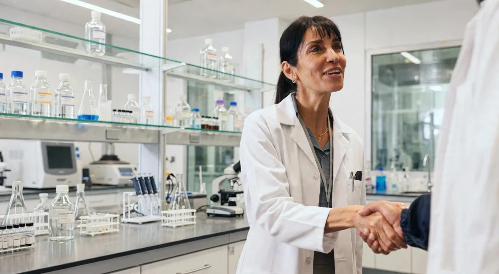 Een lachende vrouwelijke wetenschapper in een witte labjas schudt de hand van een onzichtbare collega in een modern laboratorium. De achtergrond is gevuld met glazen planken vol met flessen vloeistoffen, glaswerk, een microscoop, een centrifuge en andere wetenschappelijke apparatuur.